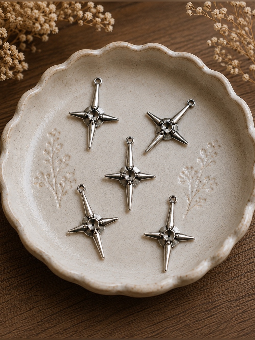 Lot of 5 Silver-tone Four-Point Star Charms | Celestial Zinc Alloy Pendants